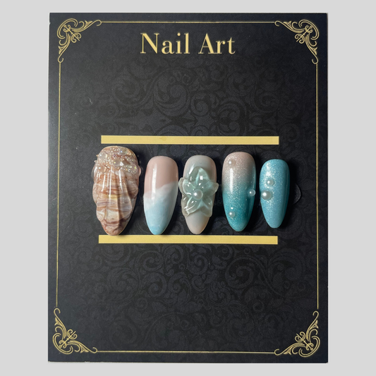 Press-on nails Azur & Sable bleu azur et beige sable inspiration plage C'Sha Nails